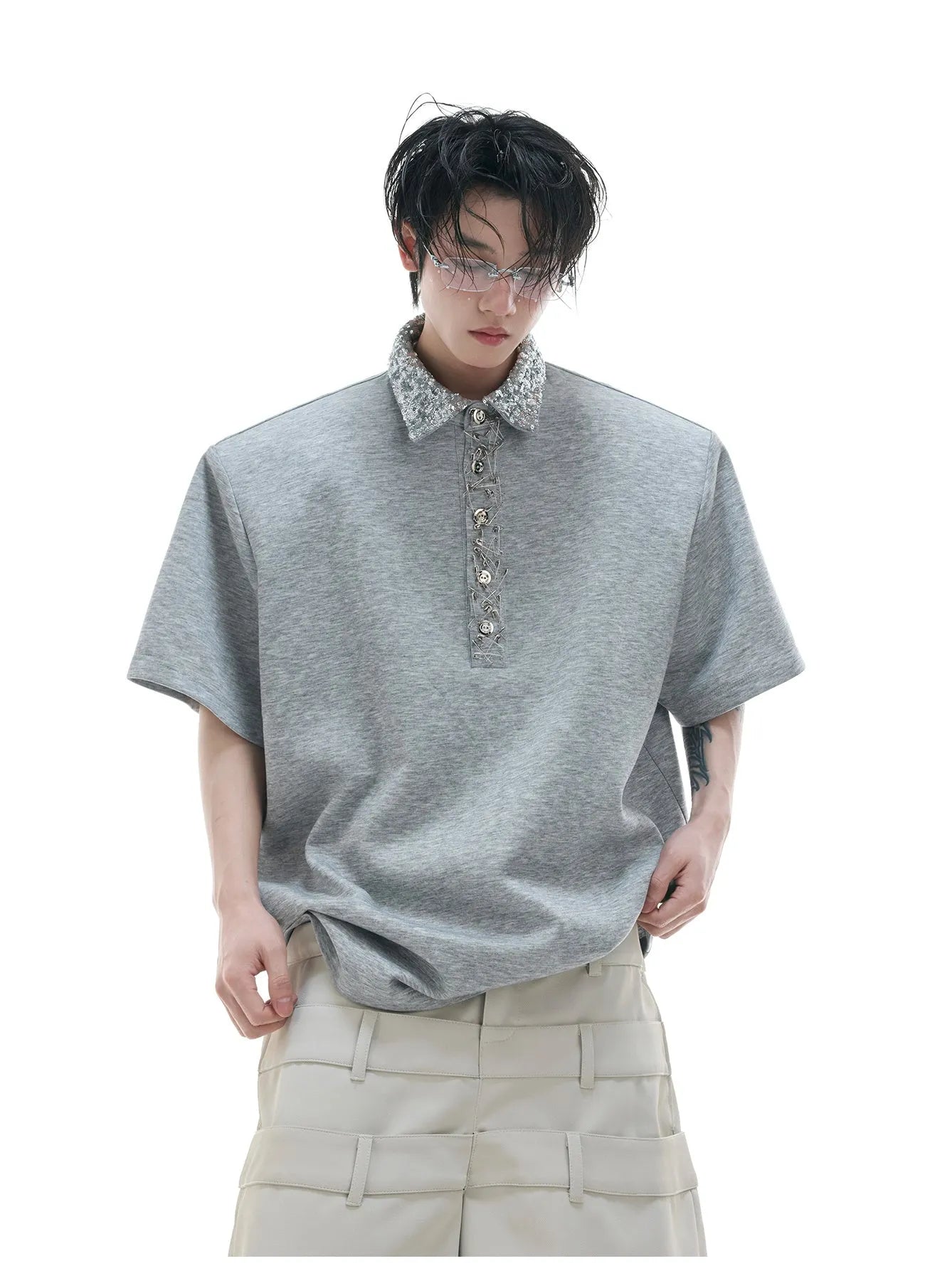 Loose fit square neck short sleeved shirt with sequins and metal decoration in black, grey or white