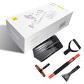 Car snow plough shovel set with plastic shovel, brush, telescopic rod, and frost scraper on a snowy car windscreen