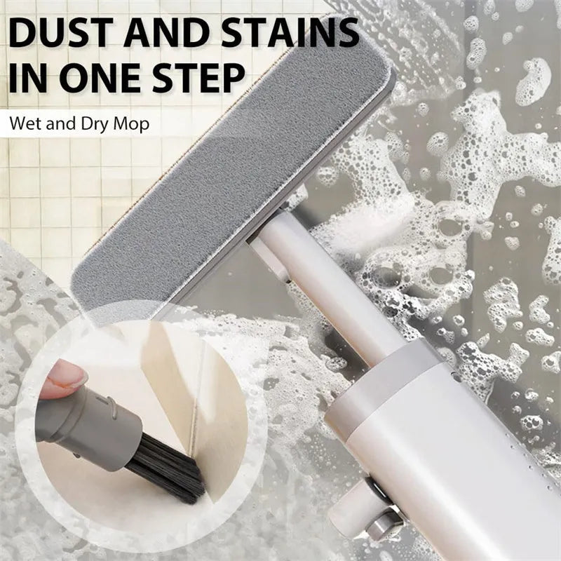 Rotatable self-squeeze flat mop with microfiber pads in grey, pink, or white.