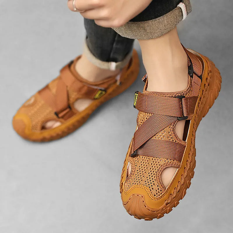 Men's grey genuine leather casual sandals with breathable mesh lining and elastic band closure