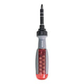 Ratchet screwdriver with two-way retractable chrome vanadium steel bits, ABS handle, and magnetic tip on white background