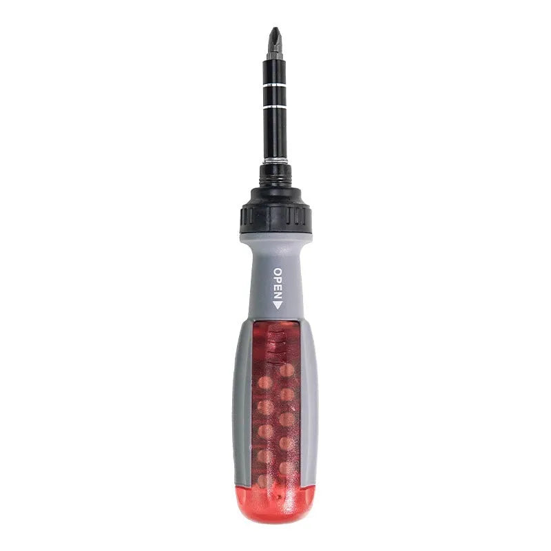 Ratchet screwdriver with two-way retractable chrome vanadium steel bits, ABS handle, and magnetic tip on white background