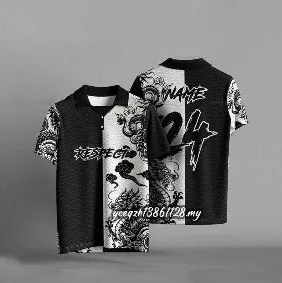 Black loose-fit T-shirt with 3D digital printing pattern, short sleeve casual top