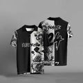 Black loose-fit T-shirt with 3D digital printing pattern, short sleeve casual top