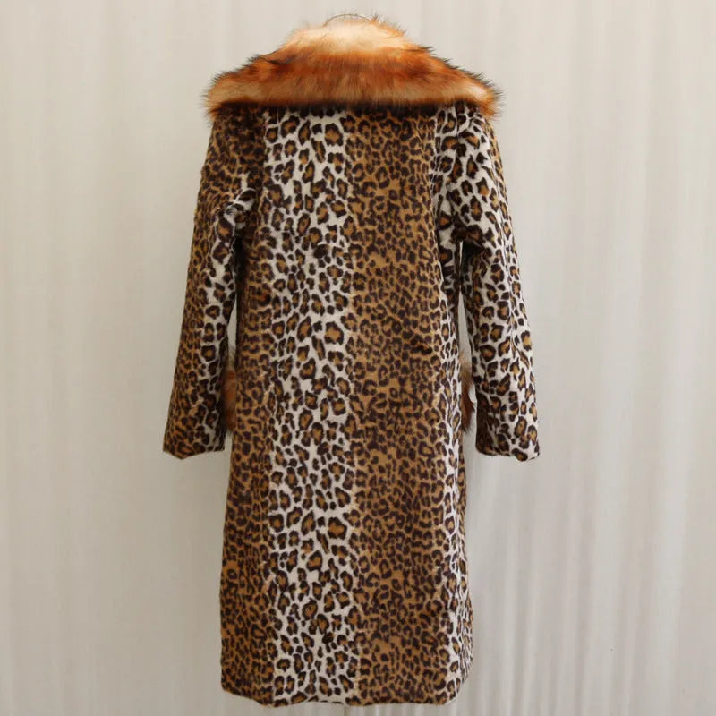 Women's long leopard print faux fur jacket with regular sleeves on a hanger