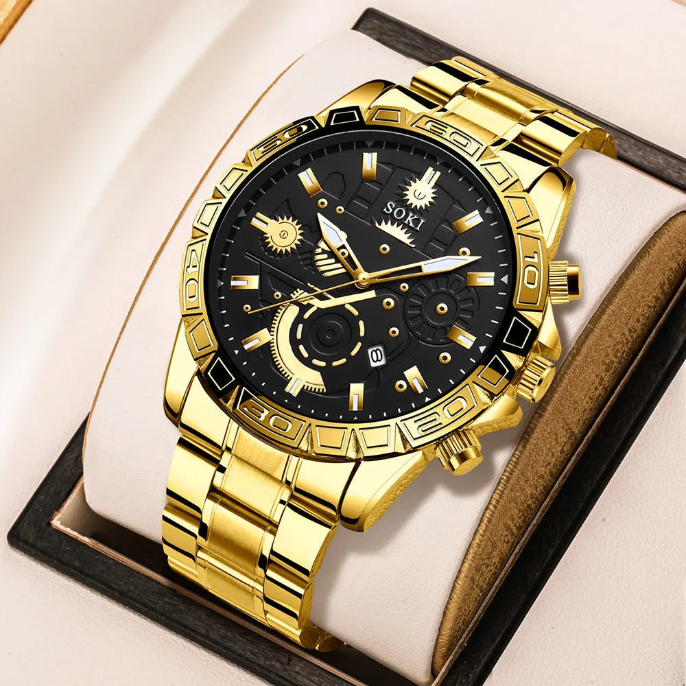 Men's gold-colour stainless steel business quartz wristwatch on a bracelet.