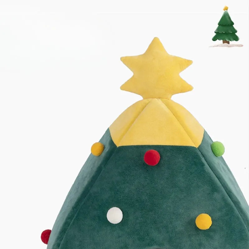 Christmas tree-shaped plush cave pet bed for cats and small dogs in three sizes.