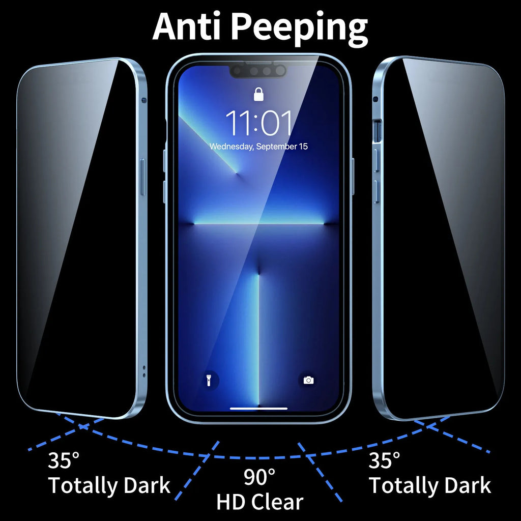 Black Magneto privacy phone case with metal frame for iPhone, showing anti-peep screen protector.