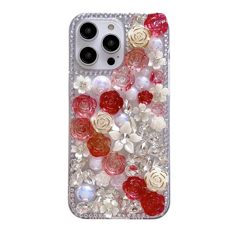 Handmade full diamond rose flower TPU phone case for iPhone 15 Pro Max in red rose colour