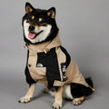 Khaki coloured polyester shell jacket for dogs showing lightweight construction