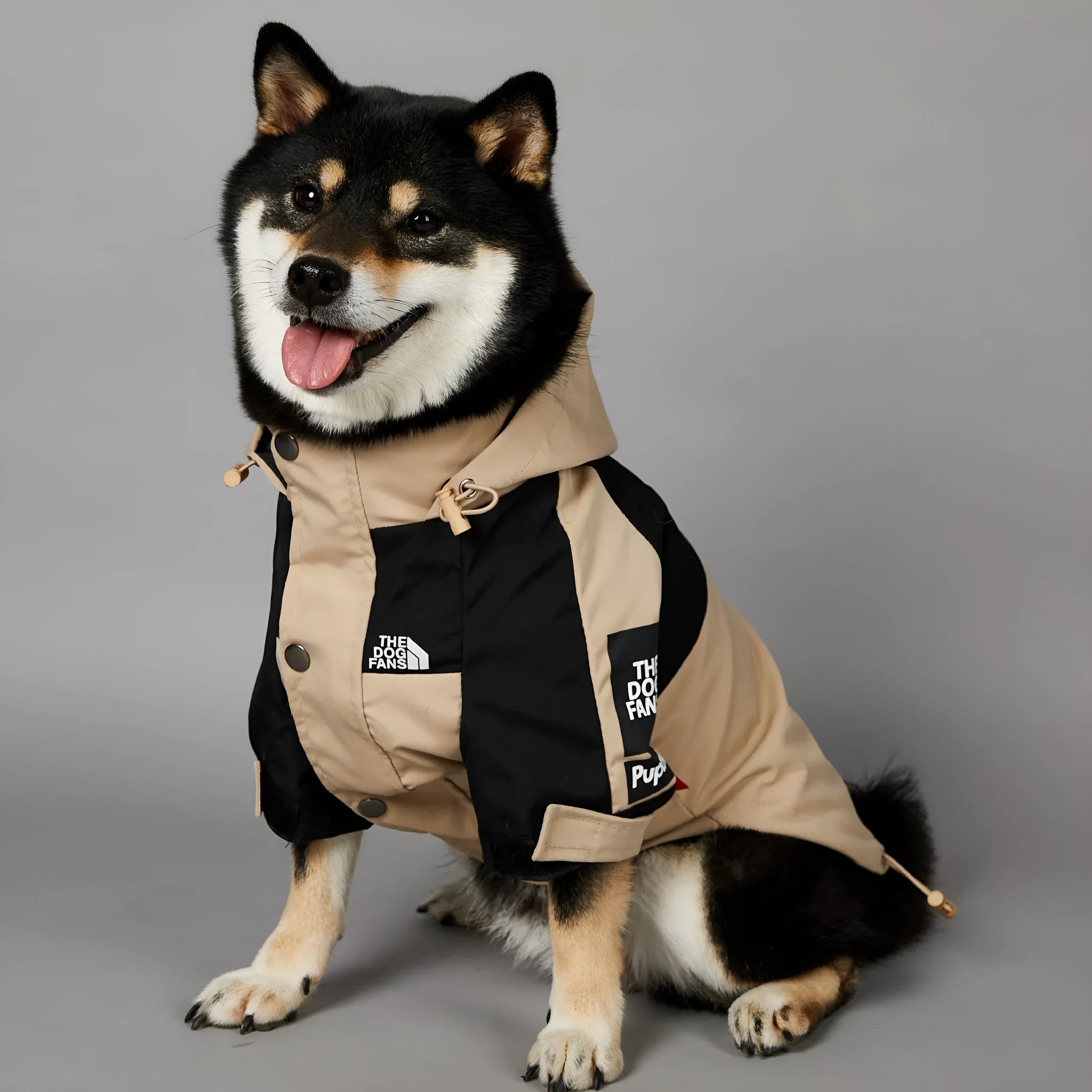 Khaki coloured polyester shell jacket for dogs showing lightweight construction