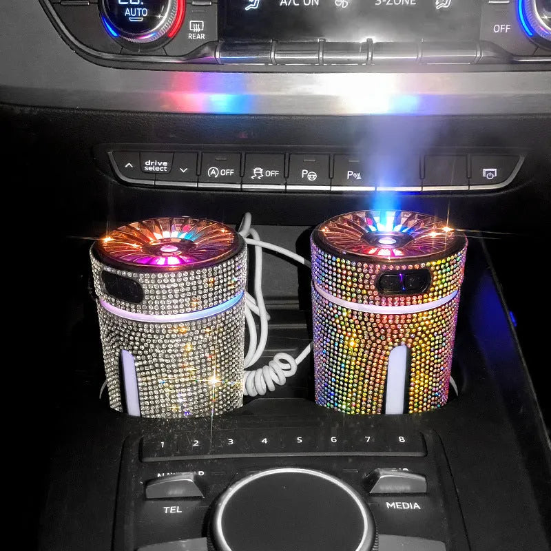 Diamond car humidifier with LED light, USB powered, 15x7x7cm, colourful mist diffuser