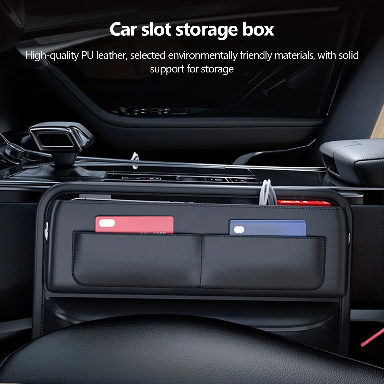 Black PU leather car seat gap storage organiser with data cable hole, placed between seat and central console