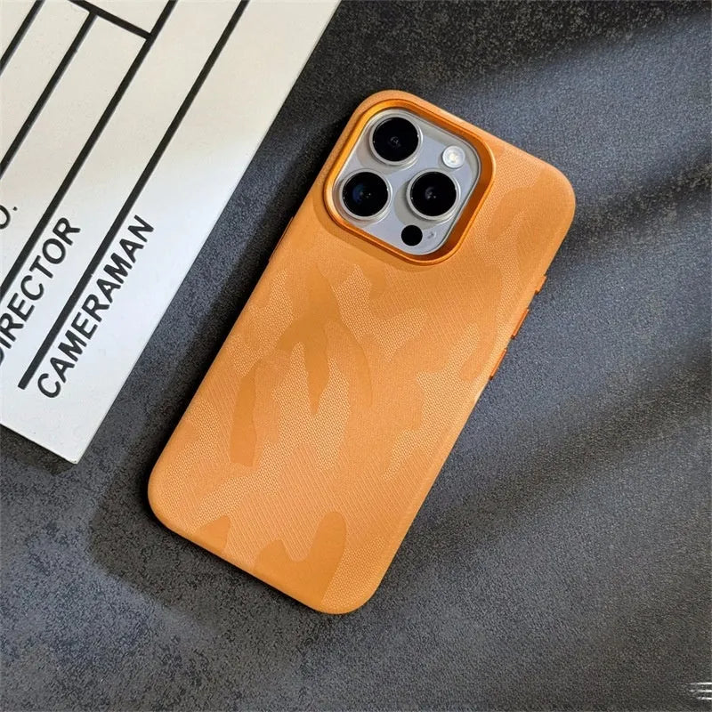 Camouflage imitation leather magnetic phone case for iPhone with shockproof and drop-resistant design