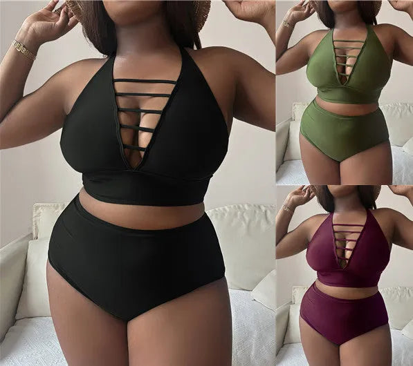 Plus size women's black bikini with adjustable halter top and high waist briefs