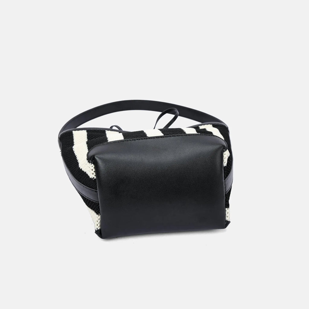 Black and white striped woven fabric women's shoulder bag with bucket shape