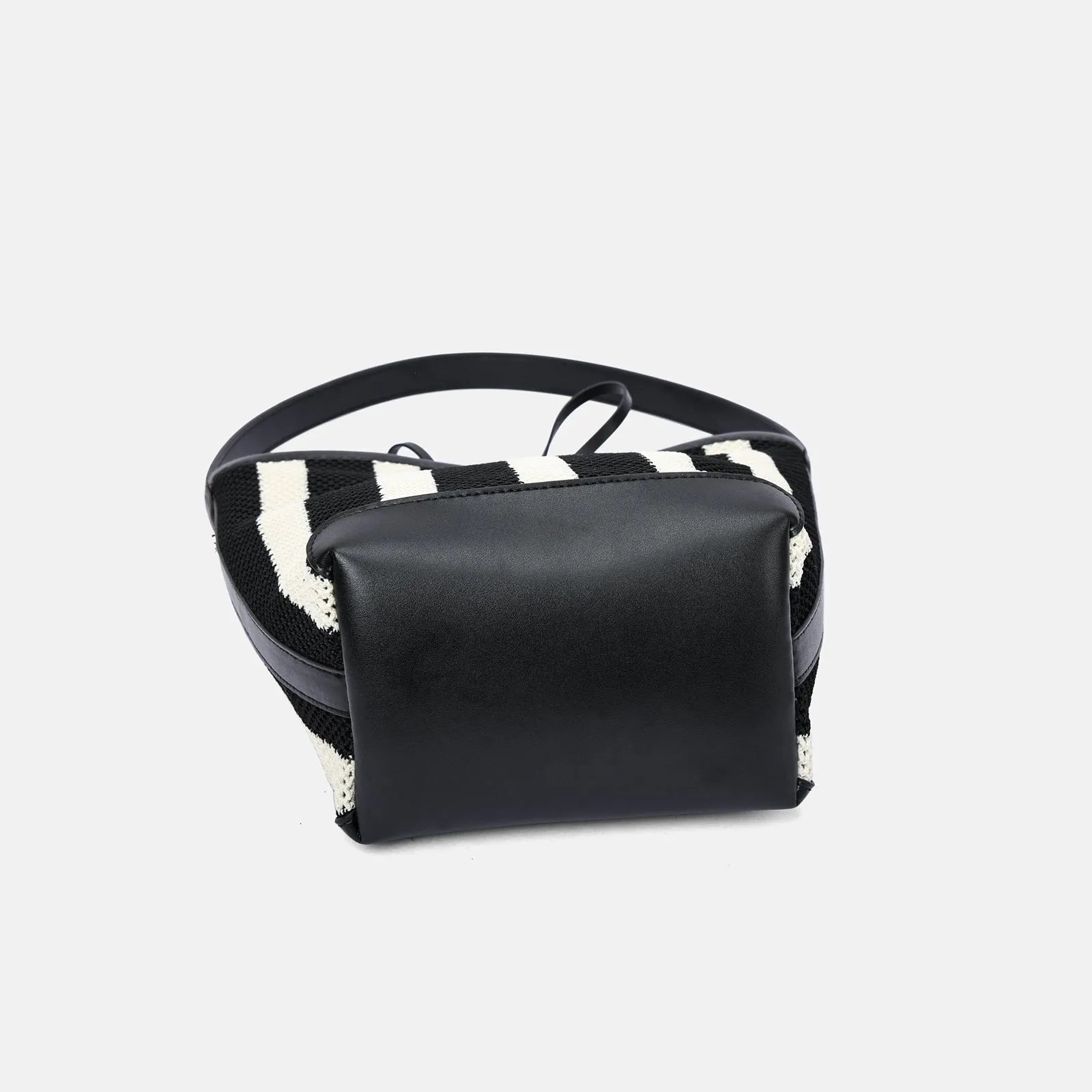 Black and white striped woven fabric women's shoulder bag with bucket shape