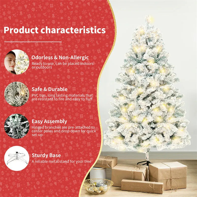 Green and white PVC artificial snow Christmas tree with metal stand in 150cm, 180cm, and 230cm sizes.