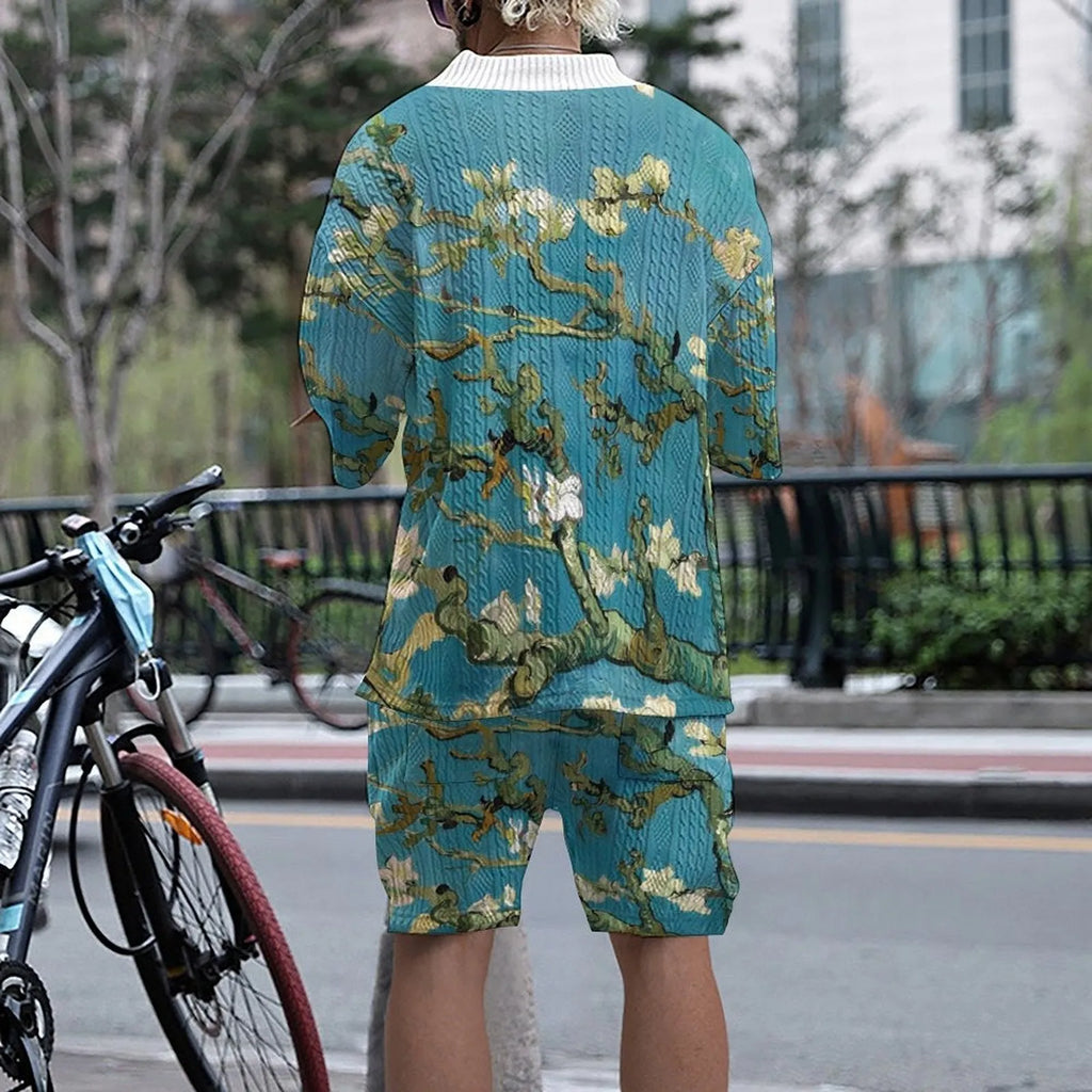 Men's peacock blue 3D printed knitted shorts suit set with matching top and casual trousers