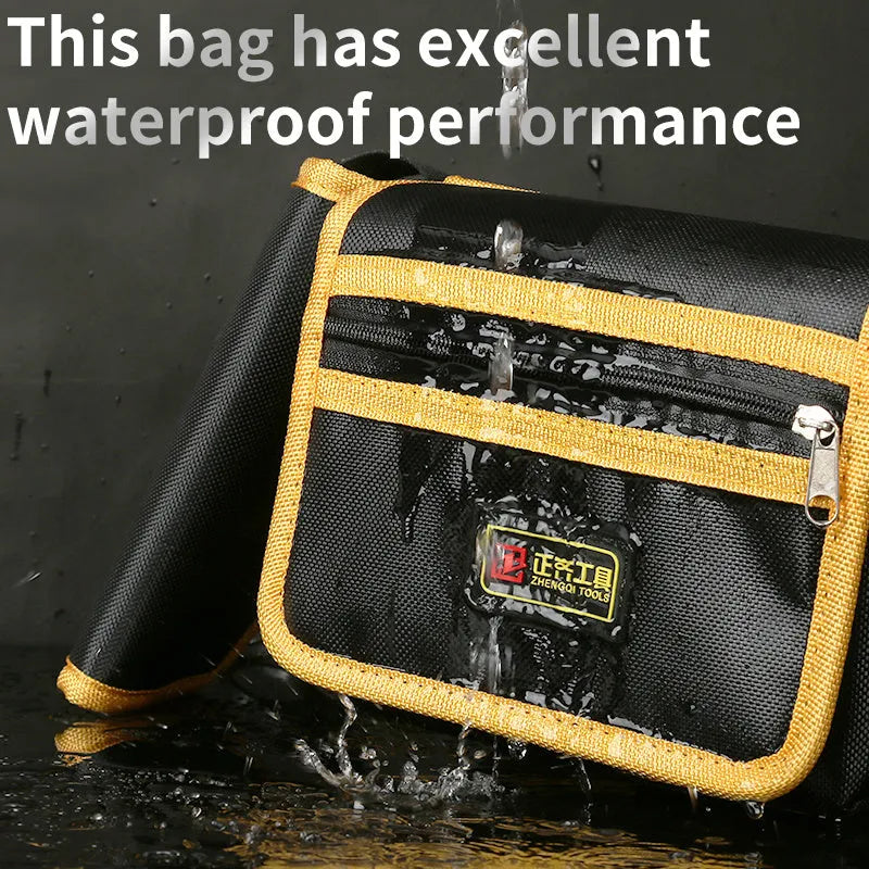 Yellow canvas electrician tool waist bag with belt and multi-function storage for small repair tools