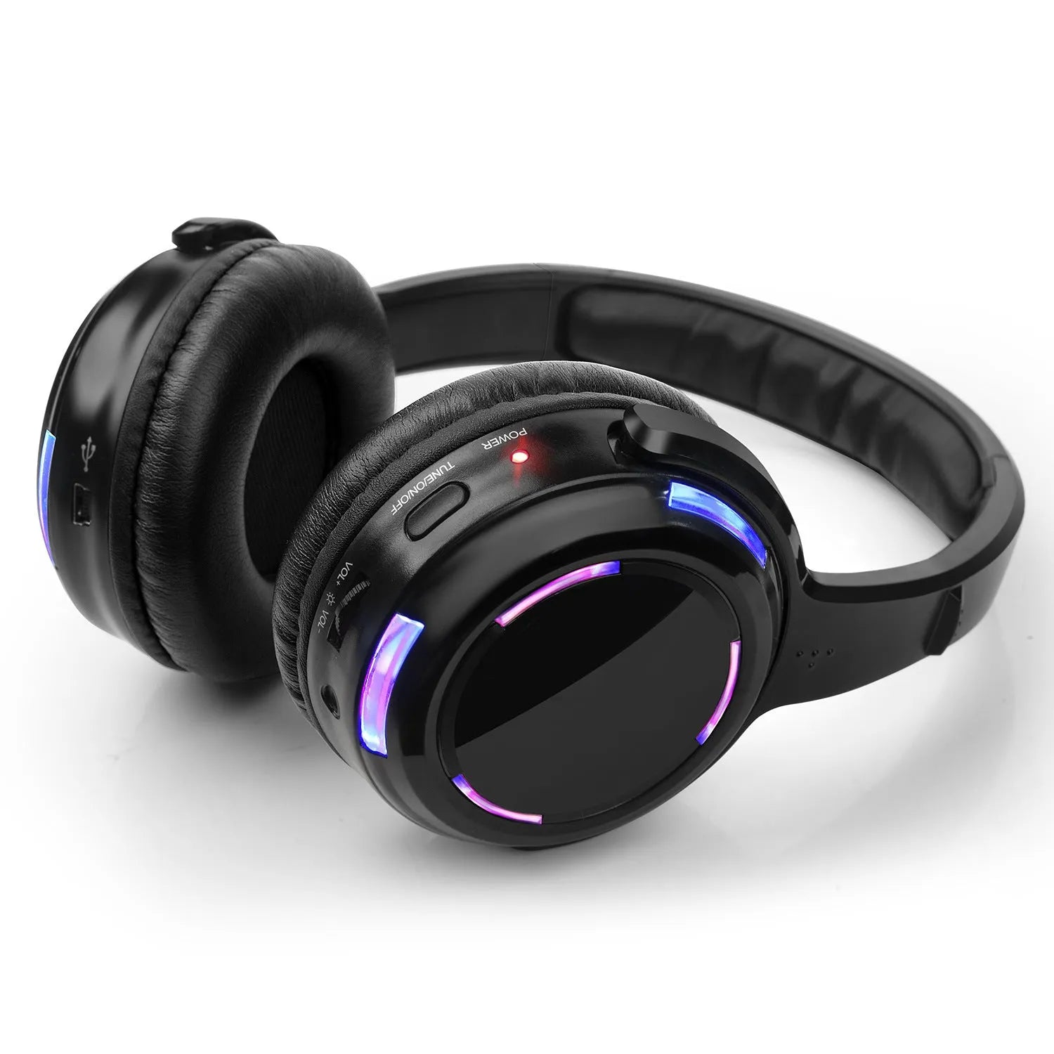 Black silent disco wireless headphones with over-ear design and a coiled 3.5mm cable.