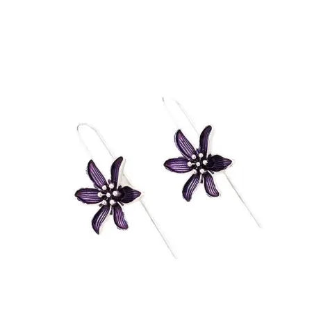 Purple flower-shaped alloy earrings with electroplated finish and butterfly back fastenings