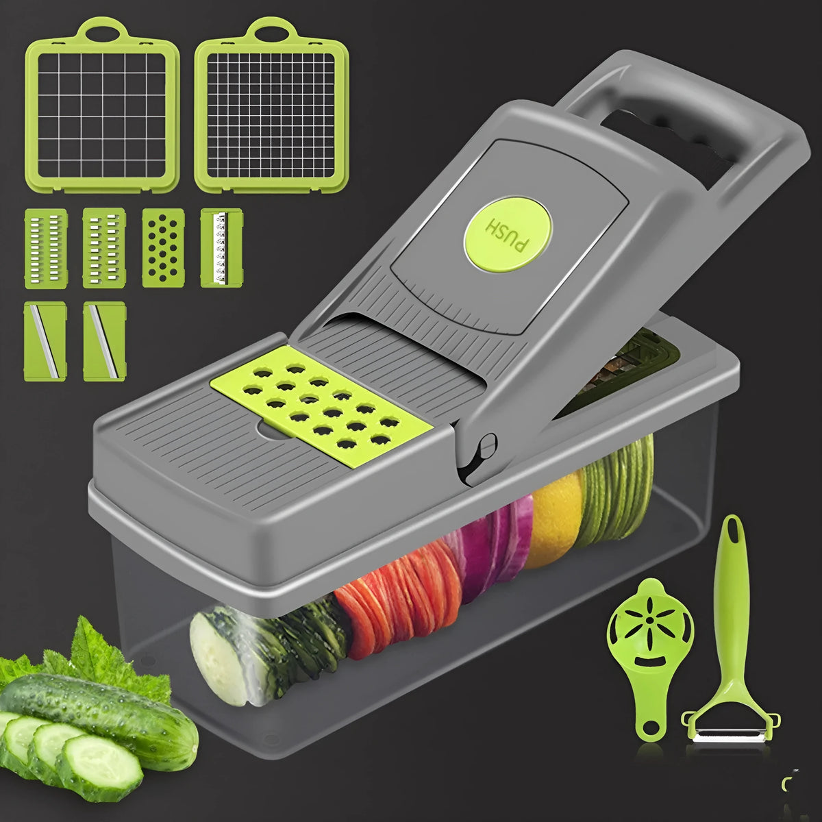 Grey stainless steel vegetable cutter set with 8 interchangeable blades, hand guard and accessories, 33.5x10x12.5cm