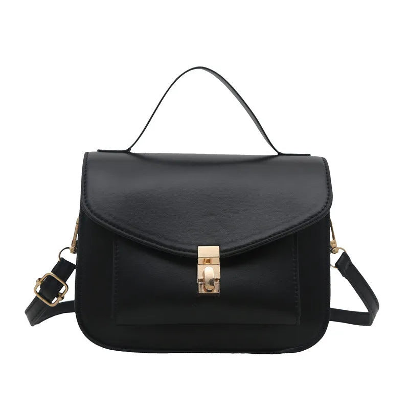 Retro shoulder messenger bag in horizontal square design with crossbody strap and sandwich pocket
