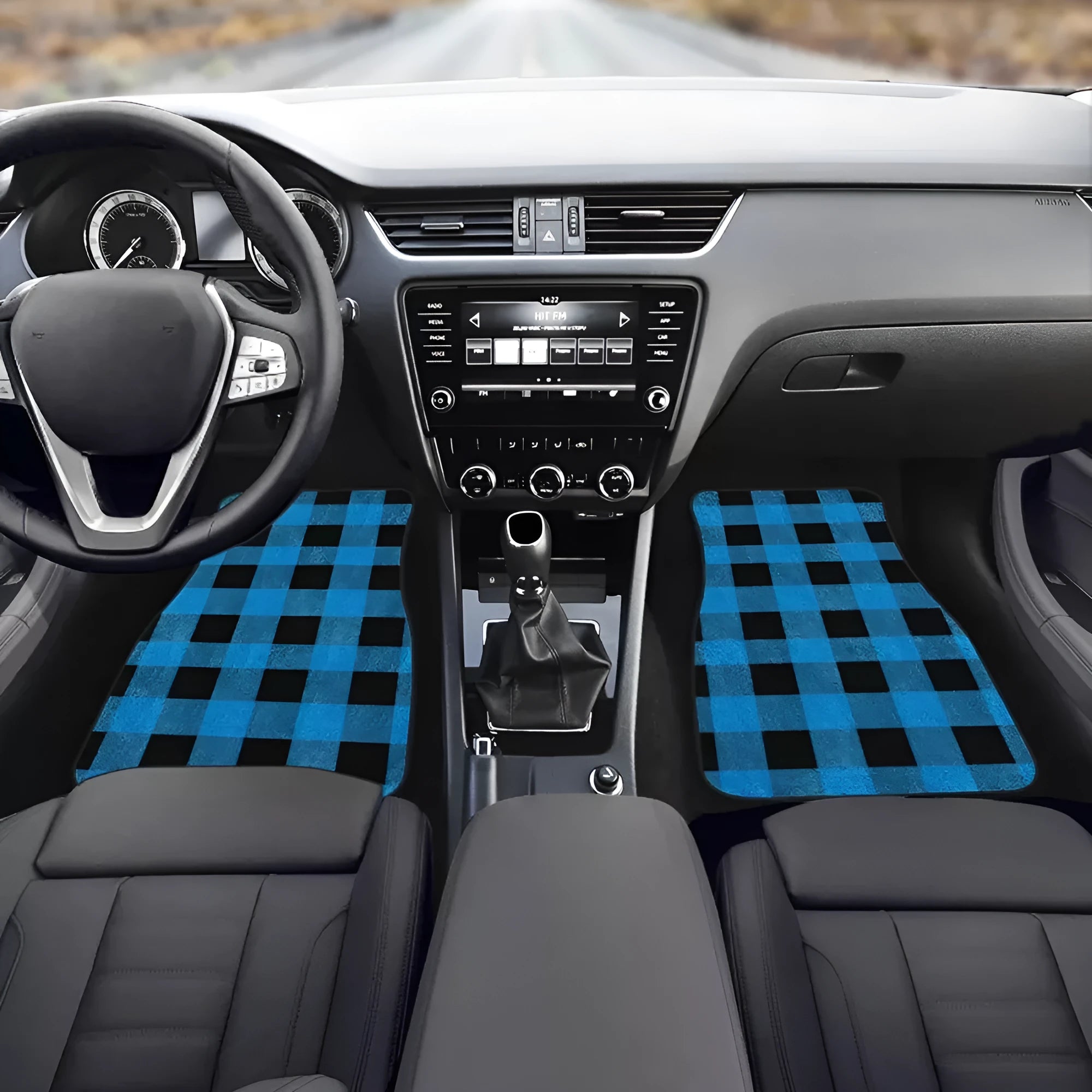 Black printed rubber car floor mats in a four-piece set for vehicles