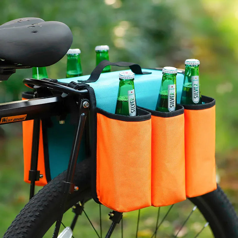 Black and orange double-sided bicycle drink storage bag mounted on a bike frame.