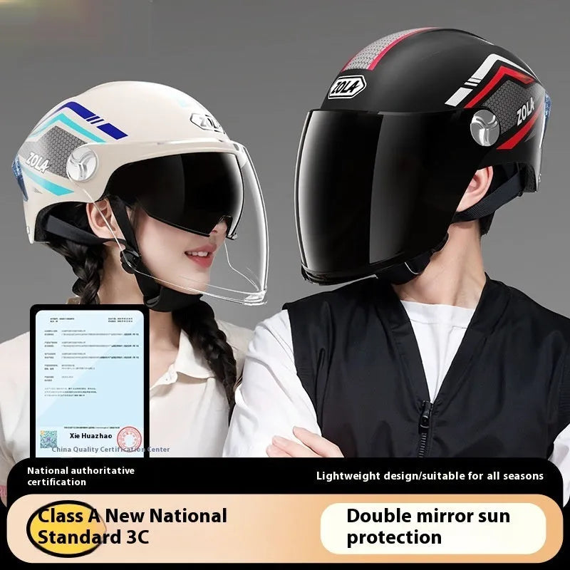 Motorcycle half helmet in various colours with a double mirror visor, shown on a neutral background.