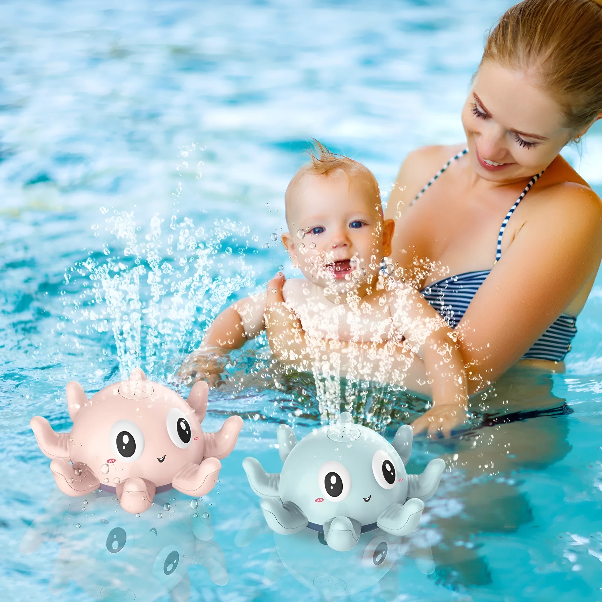 Blue automatic water spray bath toy shaped like an octopus with flashing lights, for baby bath time.