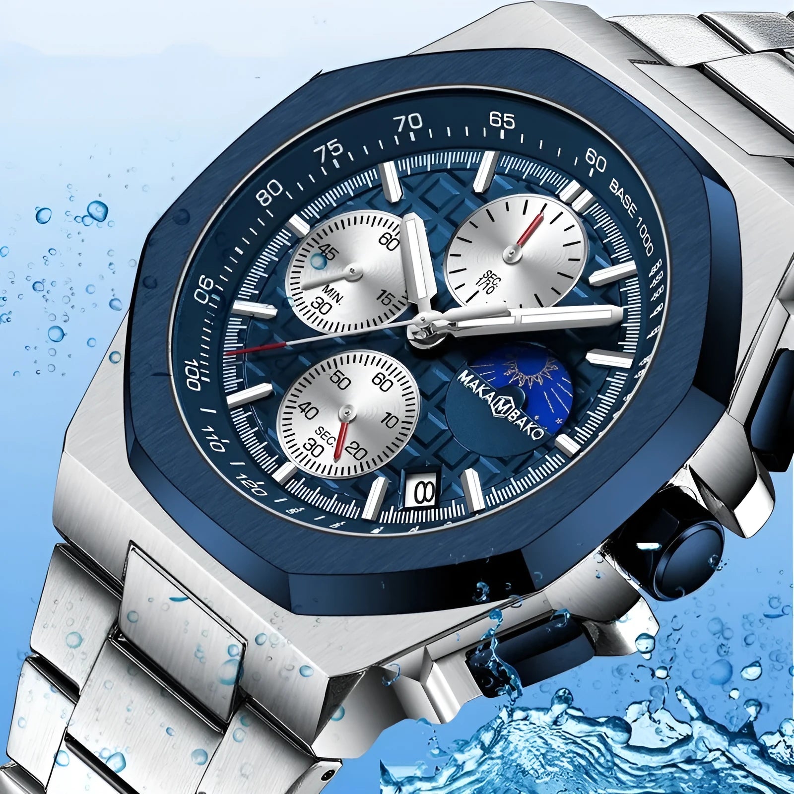 Men's quartz watch with mineral glass mirror, 12mm thickness, stainless steel buckle, and waterproof multi-function display