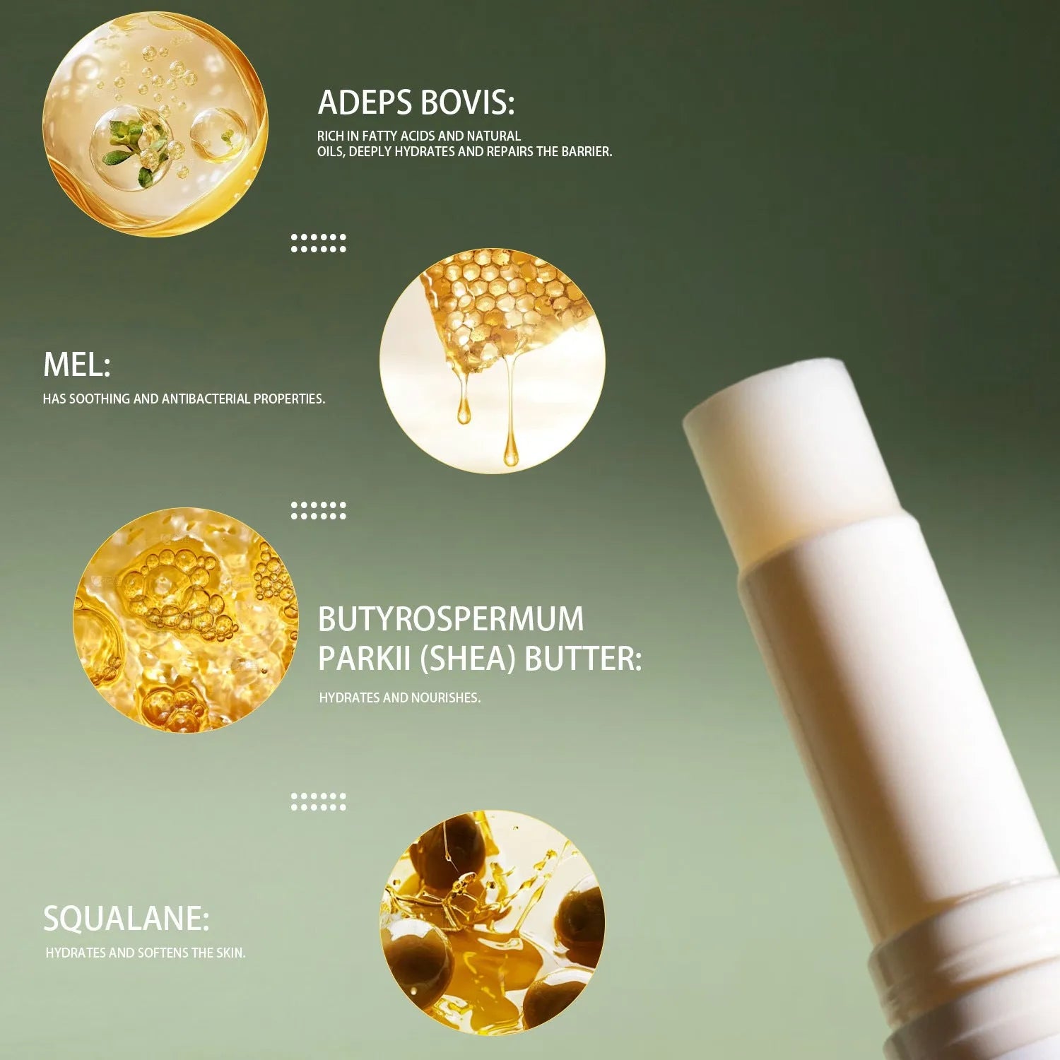Silver metal tube tallow lip balm, 83mm long, shown with cap off.