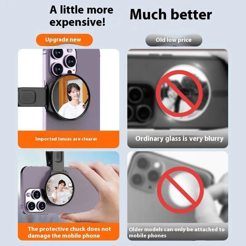Black mobile phone rear camera self-timer mirror clip with plastic and glass construction, shown attached to a phone.