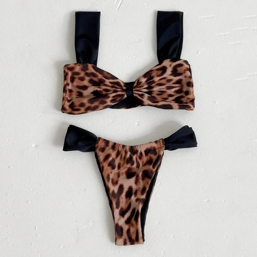 Women's leopard print bikini set with sleeveless tube top and split-style bottoms