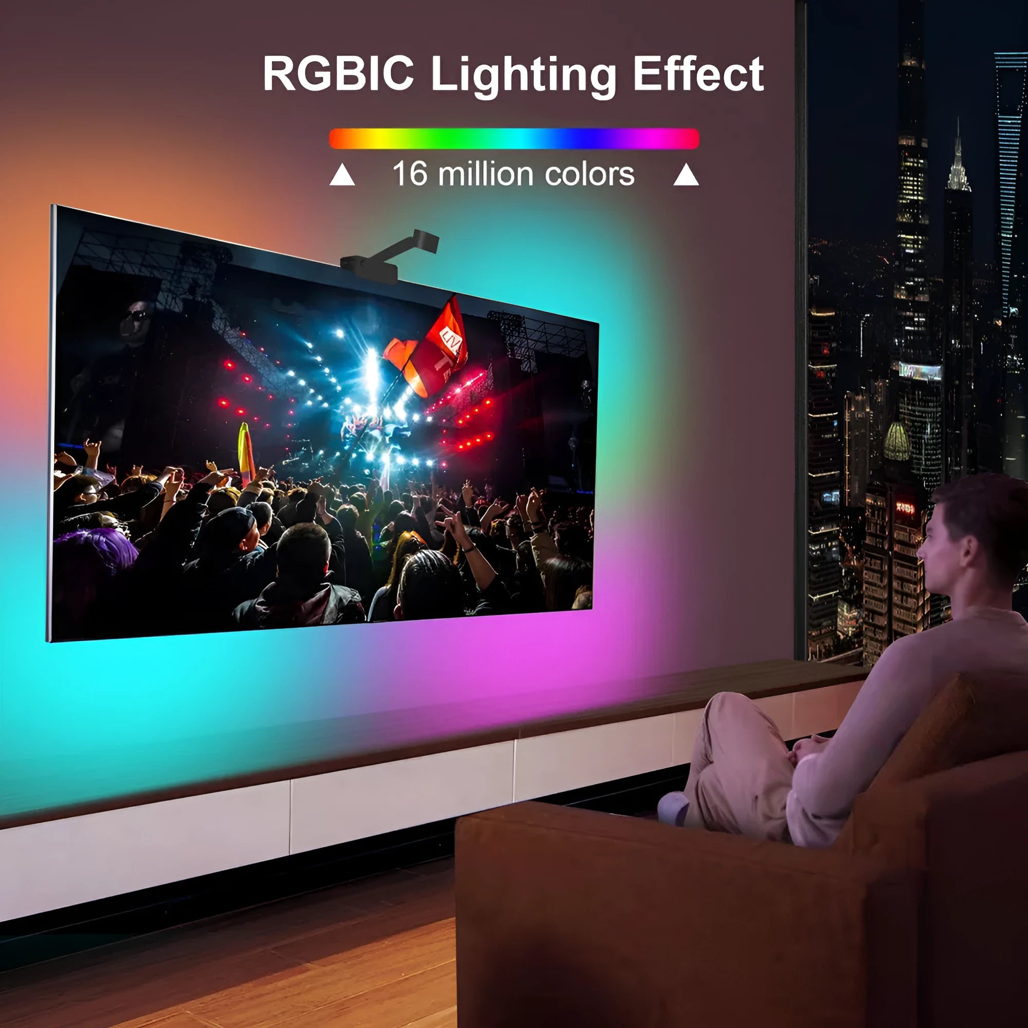 Graffiti APP synchronisation smart LED light strip with camera for TV backlighting, showing remote control and 5m black strip.