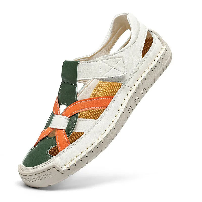 Women's low-top casual sandals with Velcro strap and round toe in microfiber, showing non-slip rubber sole.