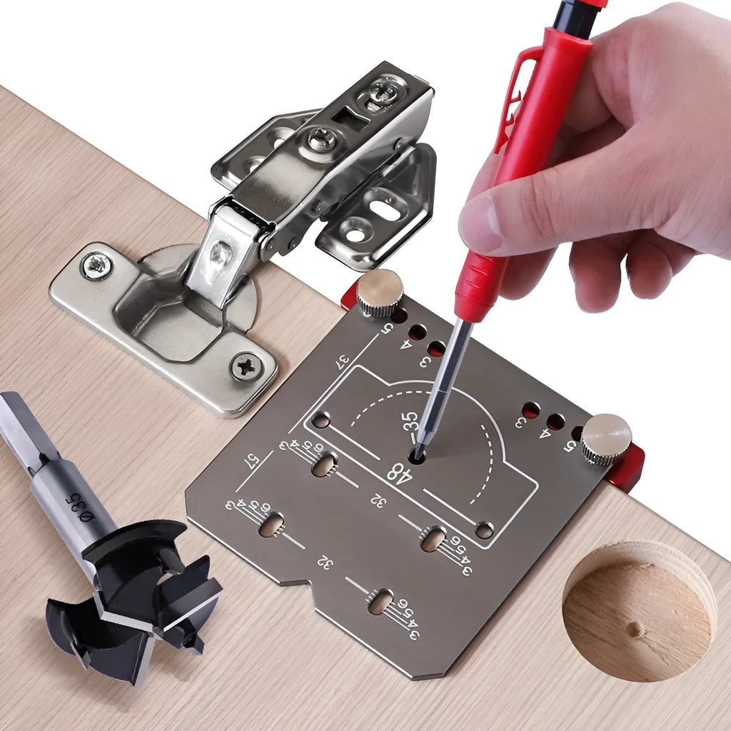 Red aluminium alloy hinge punch locator with 35mm template and adjustable margin settings for cabinet door installation