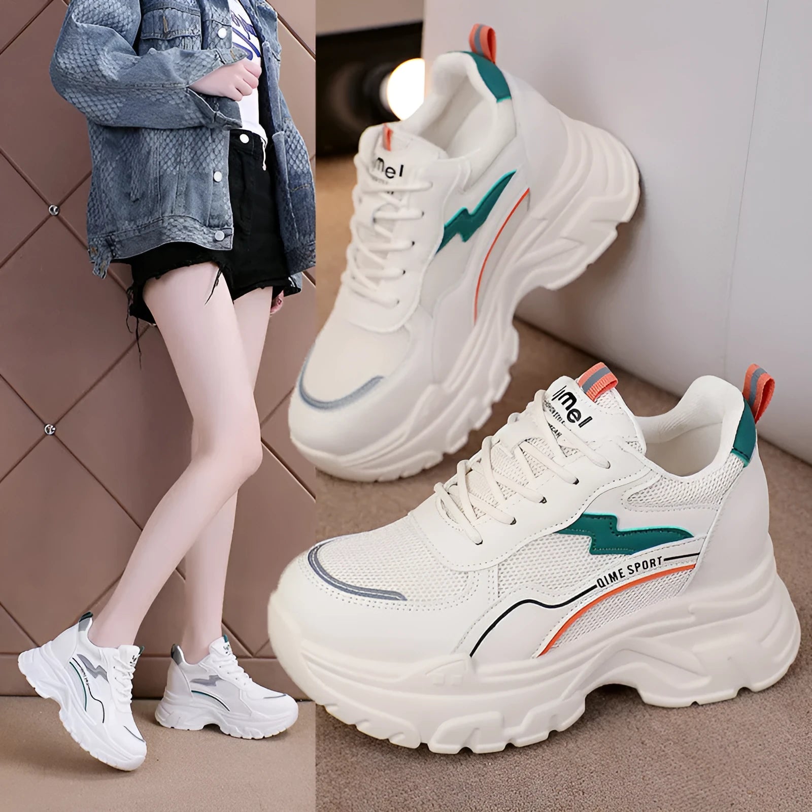 Women's white breathable height increase trainers with lace-up front and cross shoulder straps