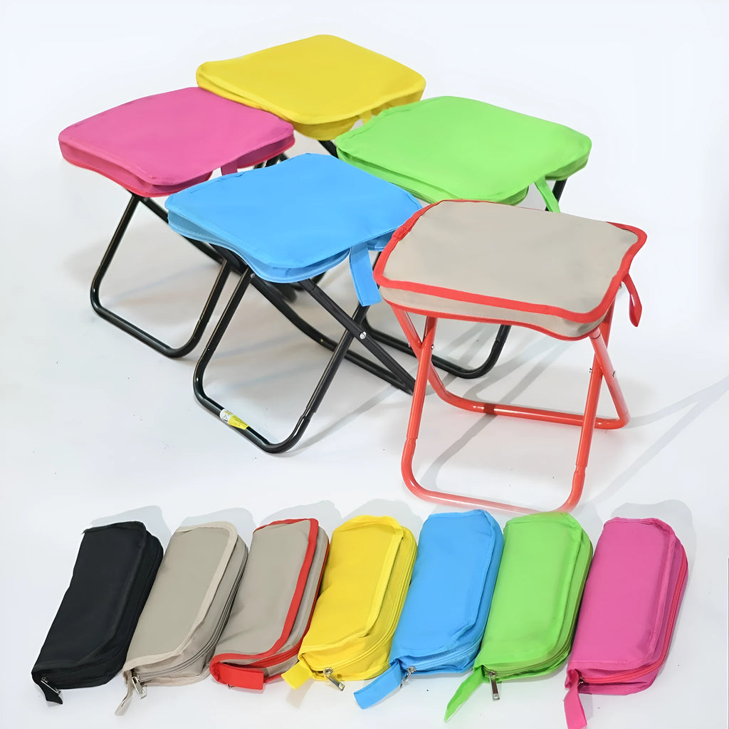Lightweight foldable camp stool in khaki with an attached crossbody bag, shown in a compact, portable form.
