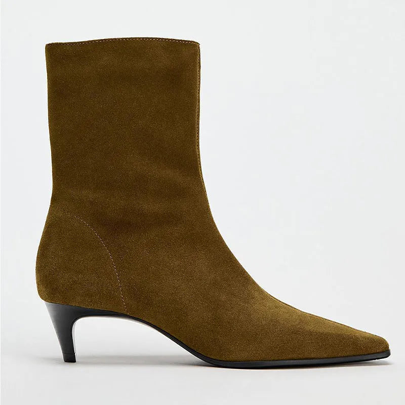 Women's brown square toe ankle boots with a side zipper and a mid-height kitten heel.