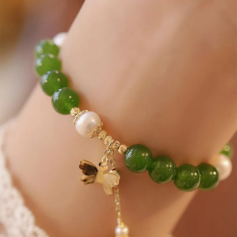 Women's natural green chalcedony bracelet with geometric design and round elements