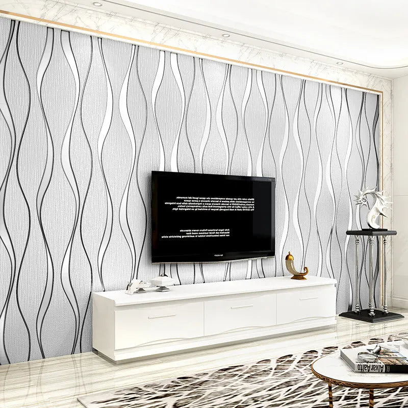 Close-up of light grey 3D curve stripe wallpaper with a thick deerskin velvet texture.