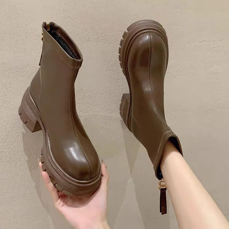 White height-increasing platform ankle boots with thick sole, round toe, square heel, and back zipper for women