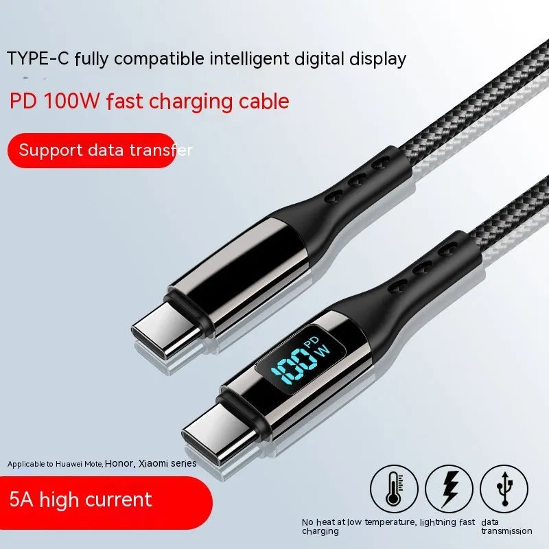 Black woven USB-C data cable with zinc alloy connectors and digital display showing charging status