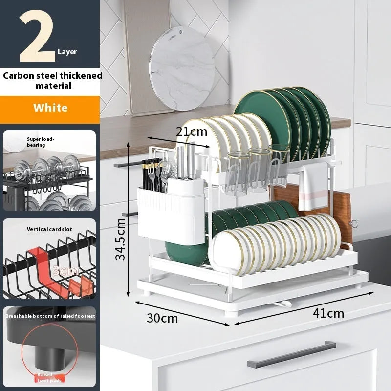 White double-layer kitchen storage rack with carbon steel construction and draining base