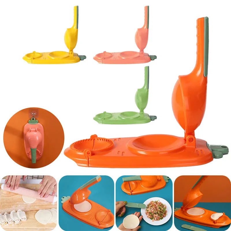 Orange and white plastic dumpling maker tool with ergonomic handle and hanging hole