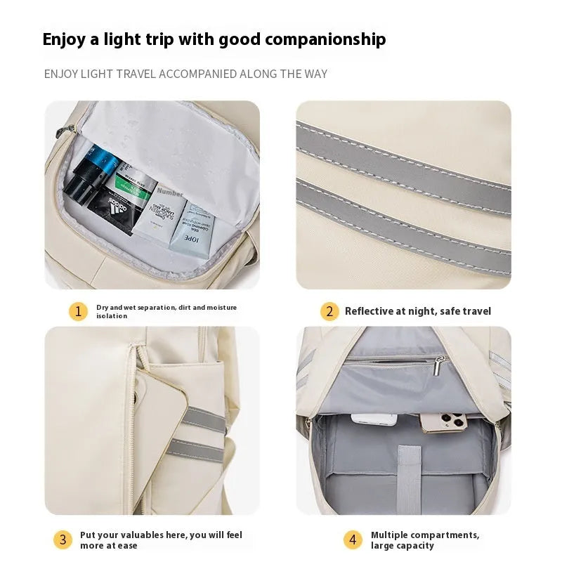 Large unisex travel backpack in solid colour with dry wet separation compartment and curved shoulder straps