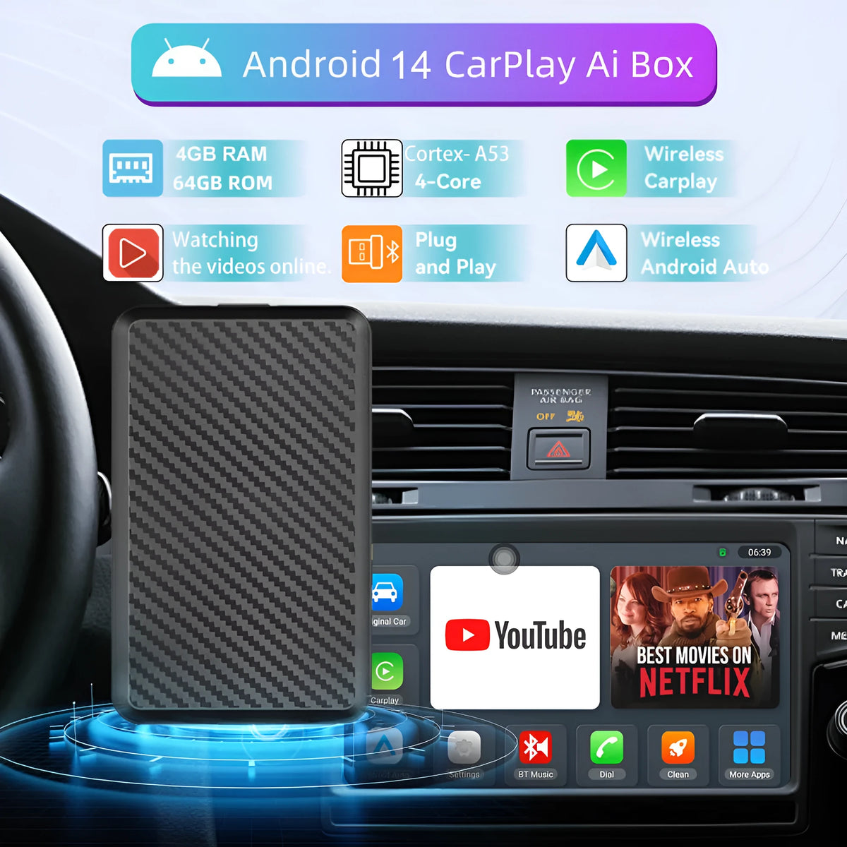 Black plastic wireless CarPlay box with Type-C port and TF card slot, no screen